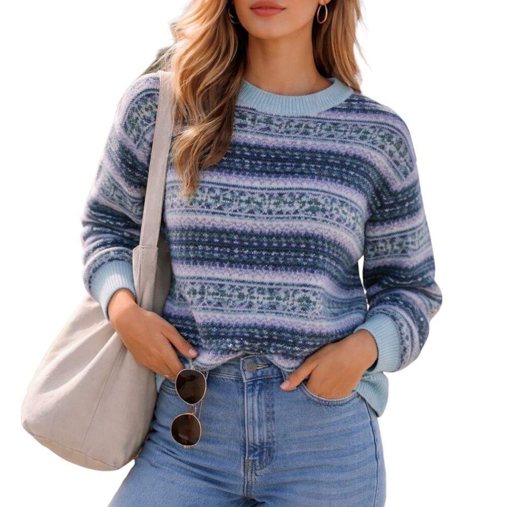 Vineyard Vines Classic Fair Isle Crew Sweater L Aqua Ocean Merino Wool‎ Women's
